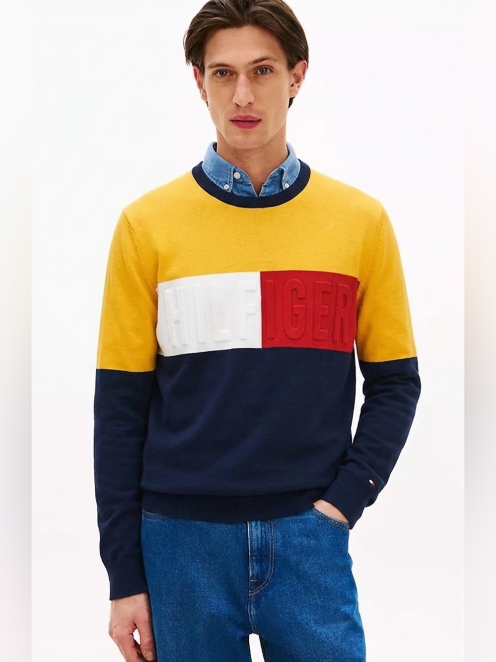 Tommy Hilfiger Colorblock Embossed Logo Knit Sweater